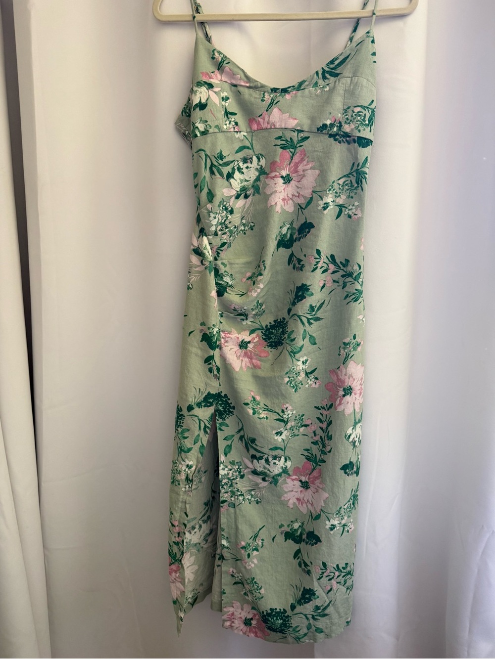 Zara Green Floral Midi Dress with Pink Blooms